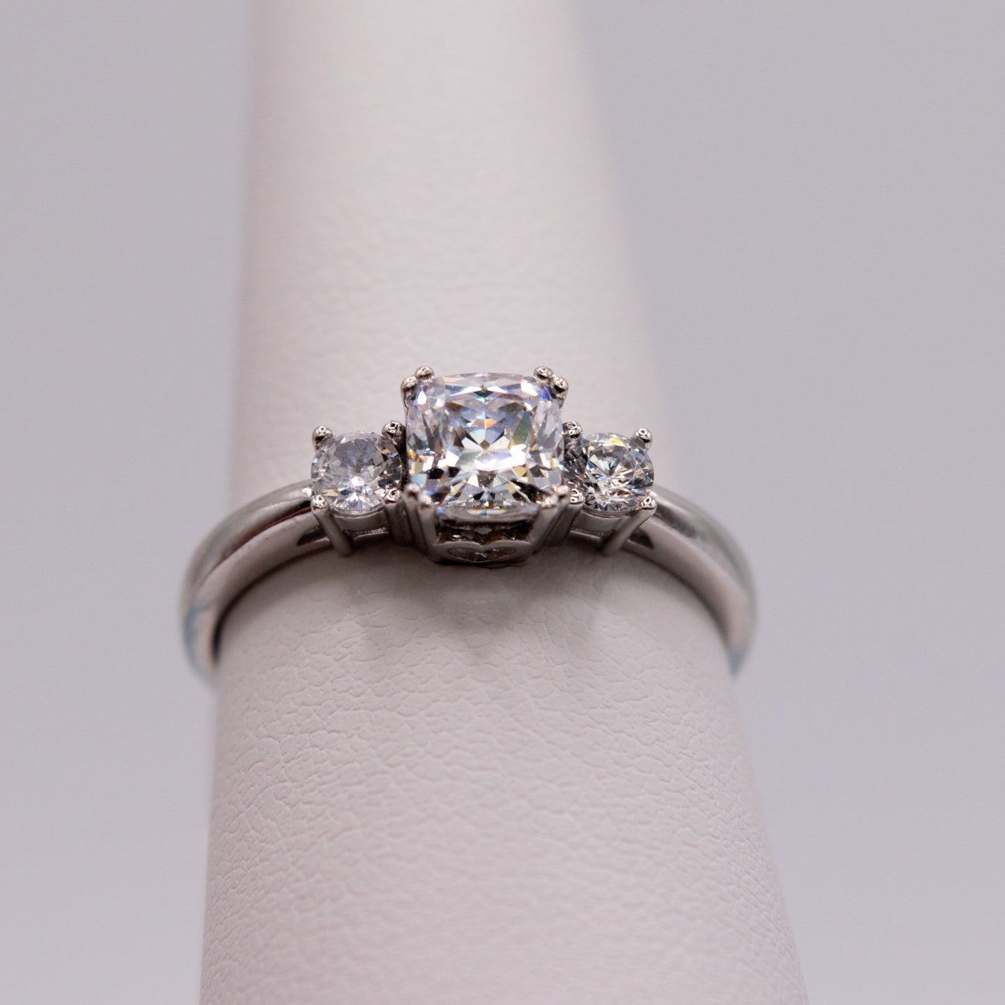 14K White Gold 3 Stone CZ Engagement Ring Cushion Cut Accents Promise Gift