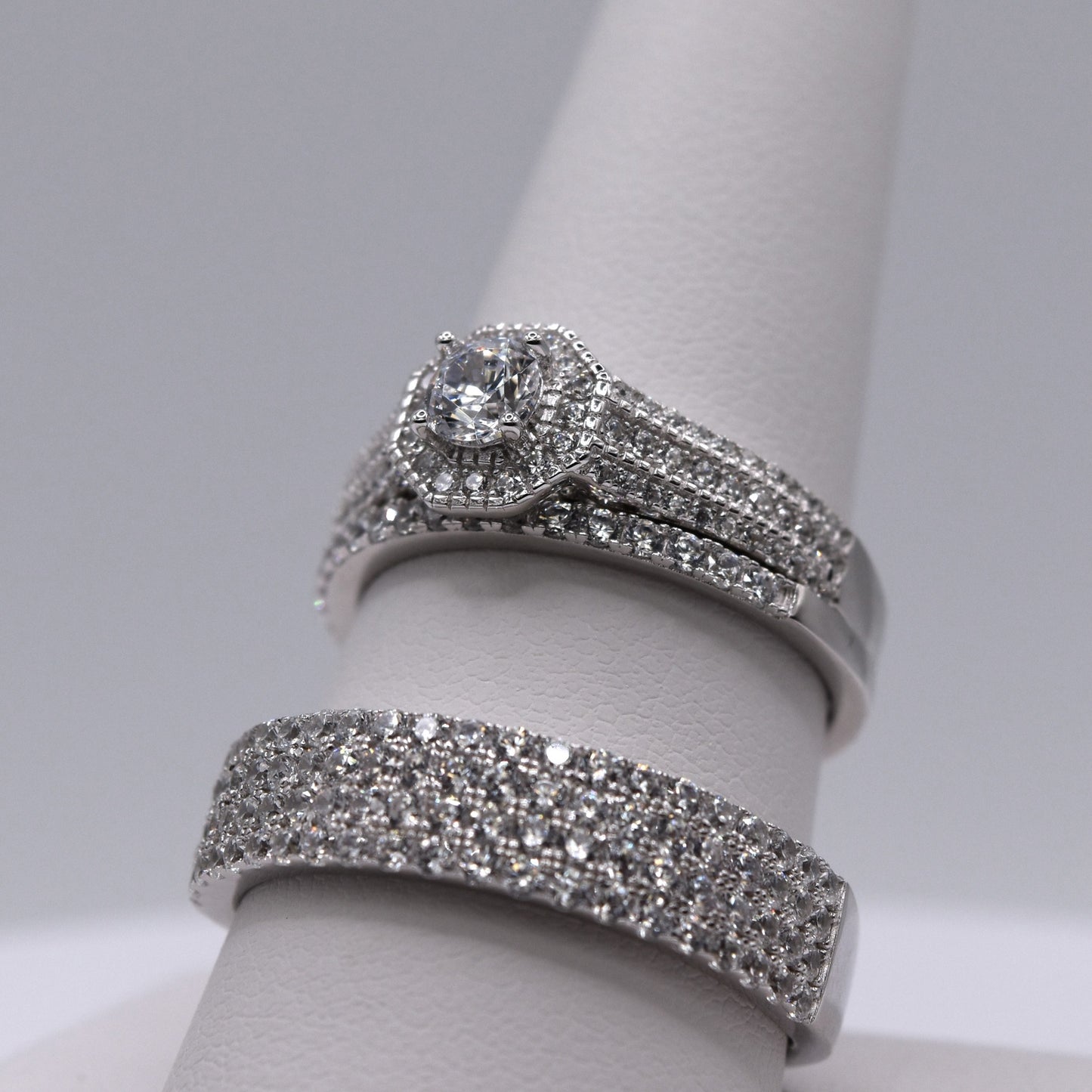 3 Piece 925 Sterling Silver Wedding Ring Set with Halo