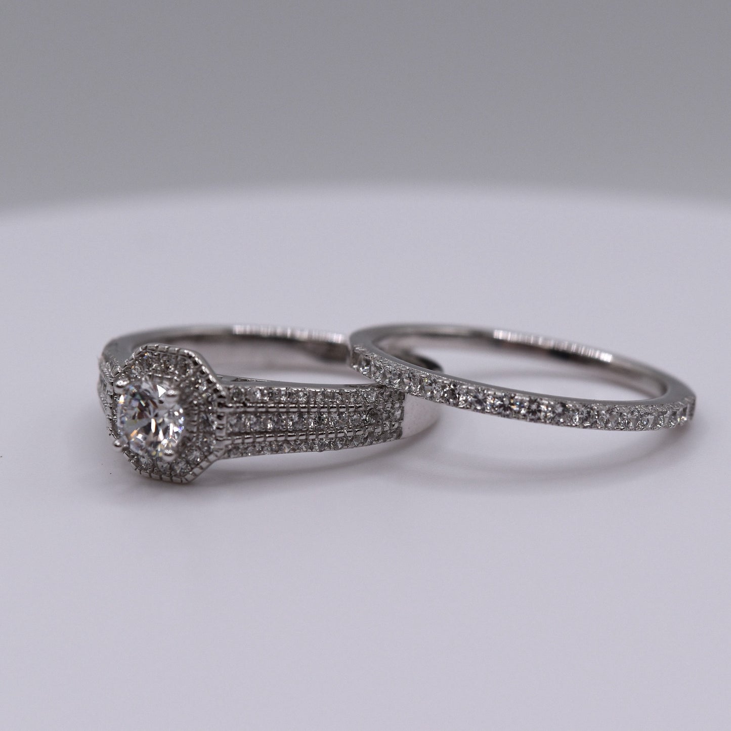 3 Piece 925 Sterling Silver Wedding Ring Set with Halo
