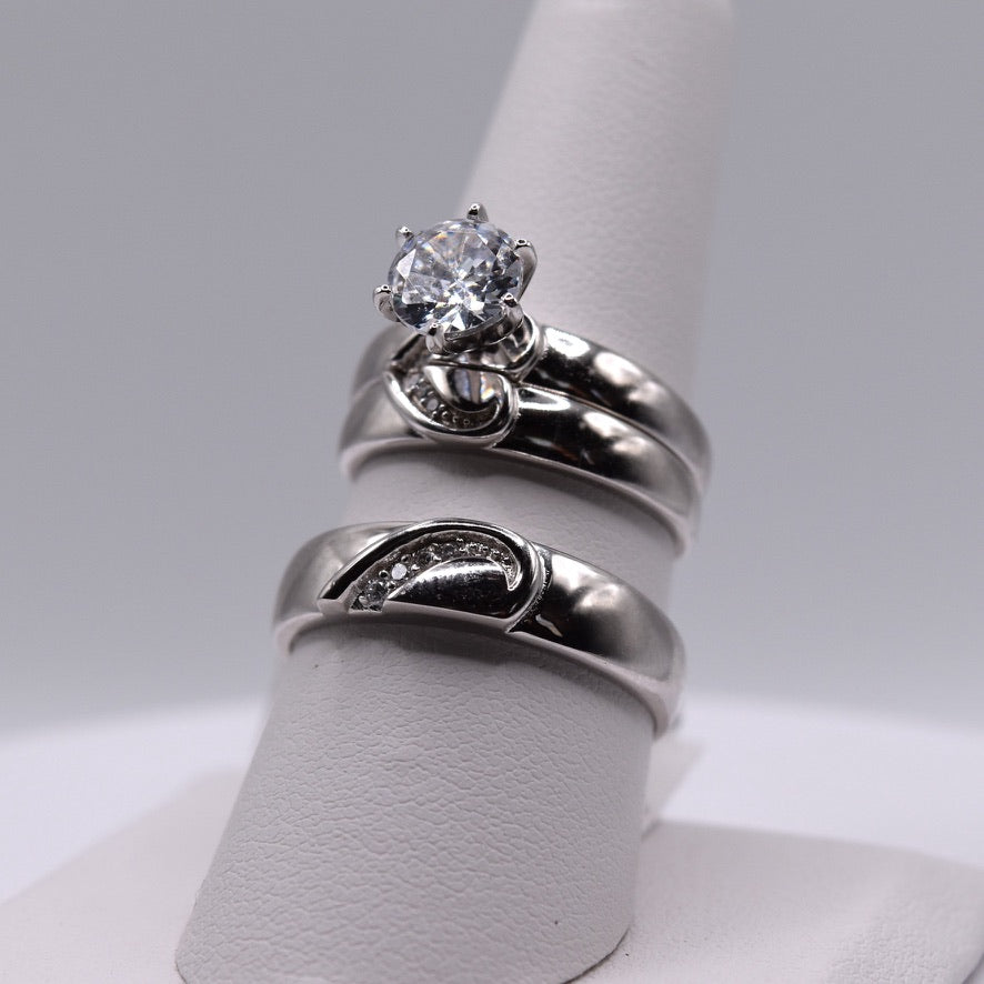 3 Piece 925 Sterling Silver Wedding Ring Set (Heart Shape)