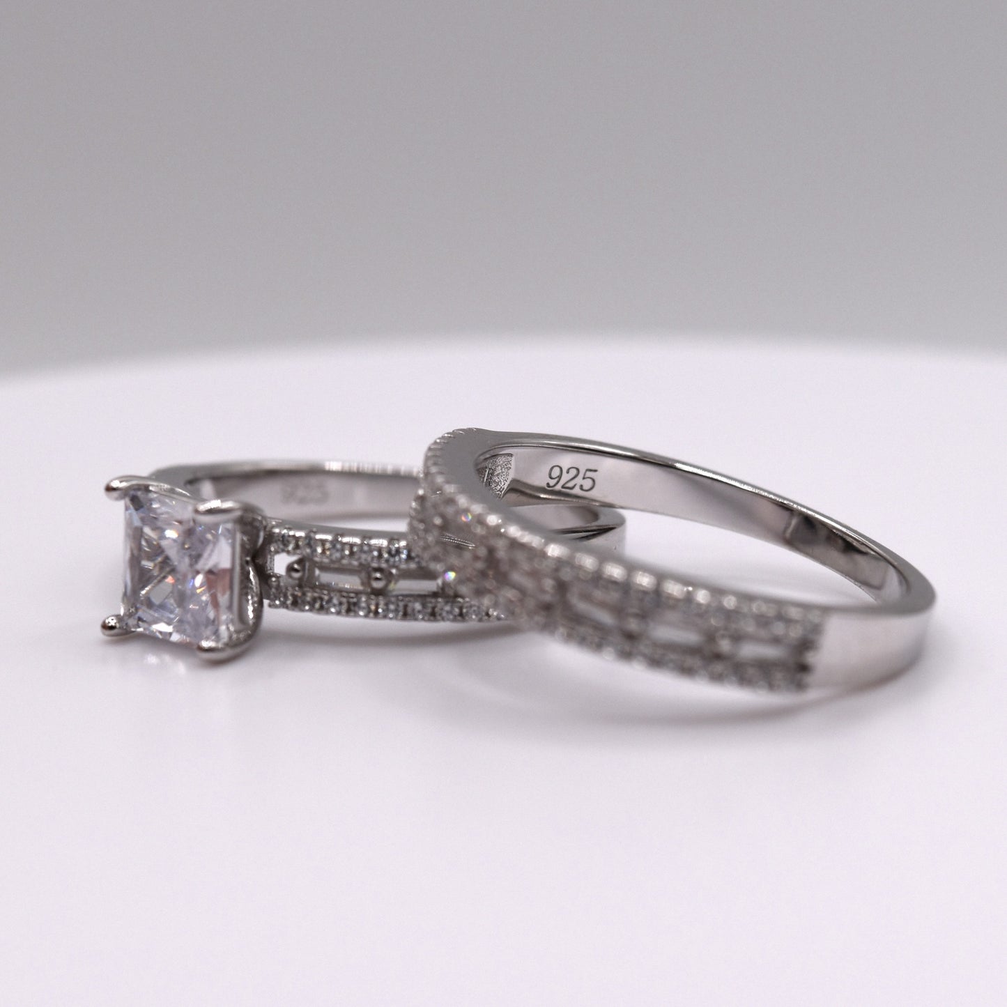 3 Piece 925 Sterling Silver Wedding Ring Set (Princess Cut)