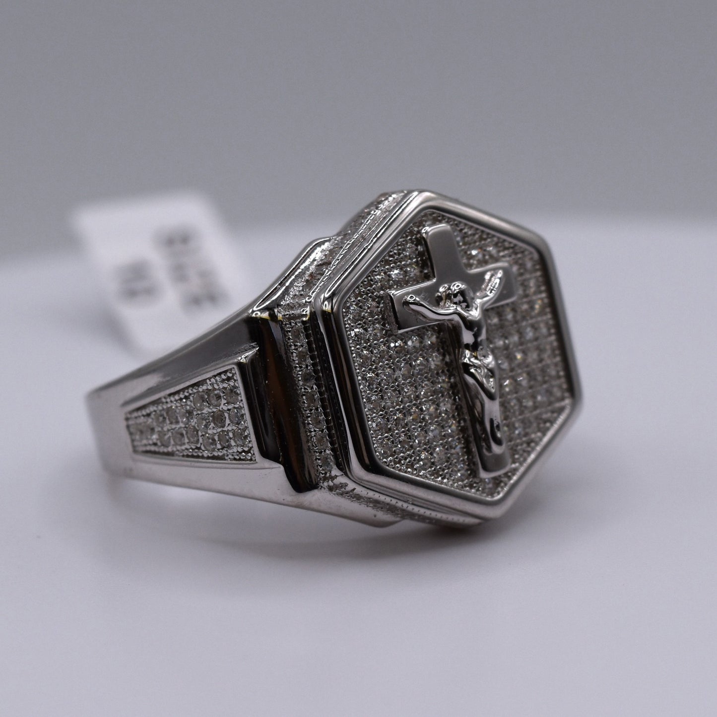 925 Sterling Silver Men's Christian Ring – Jesus on the Cross with CZ Accents