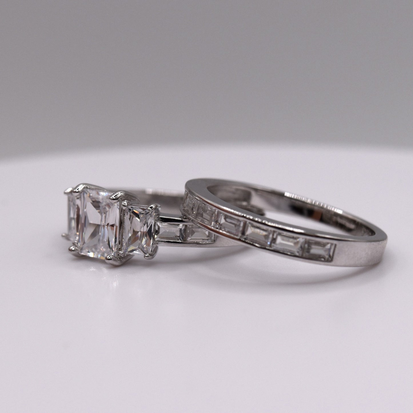 3 Piece 925 Sterling Silver Wedding Ring Set (Emeral Cut)