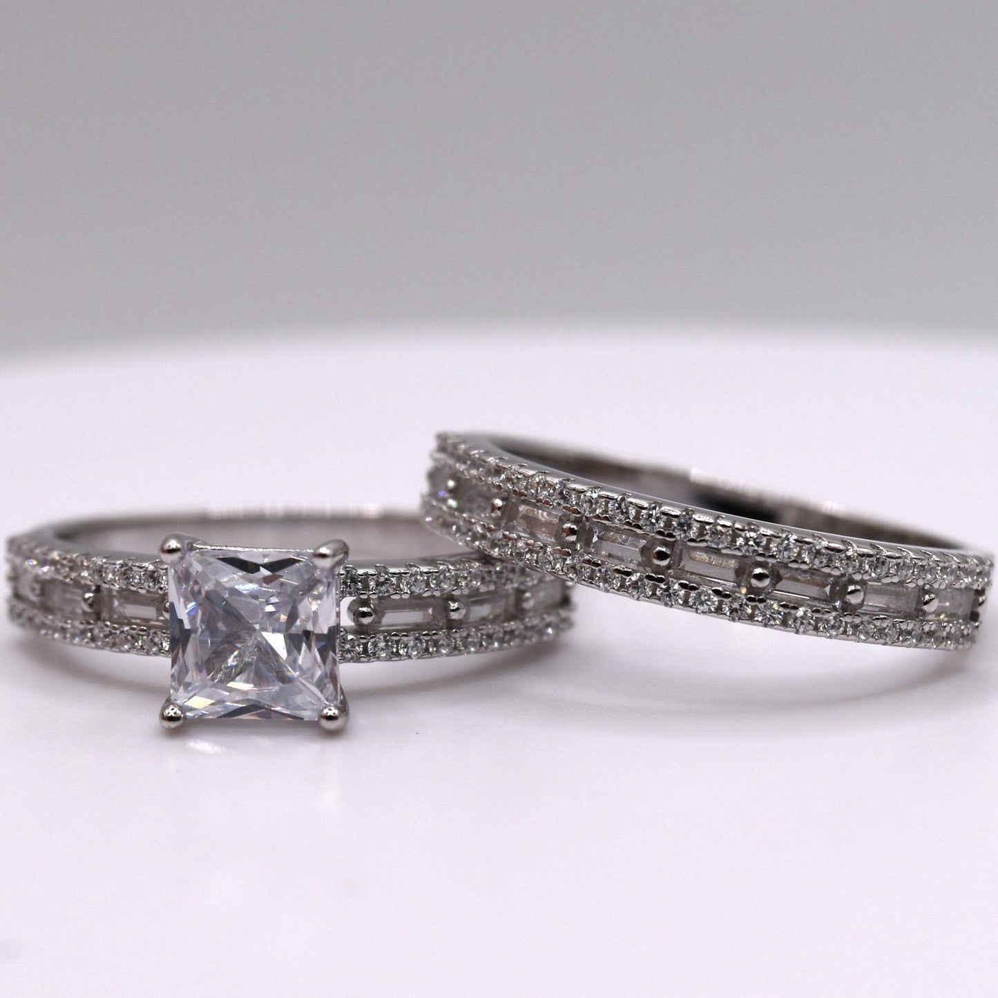 3 Piece 925 Sterling Silver Wedding Ring Set (Princess Cut)