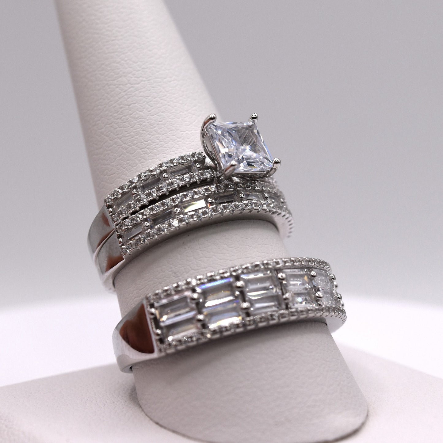 3 Piece 925 Sterling Silver Wedding Ring Set (Princess Cut)