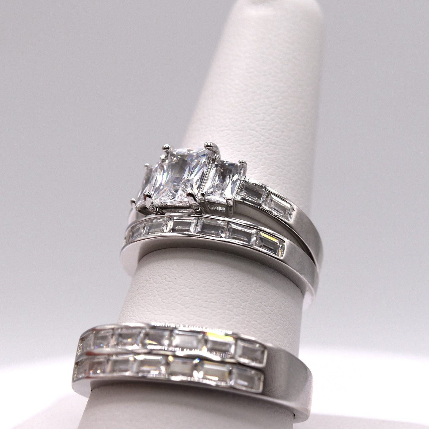 3 Piece 925 Sterling Silver Wedding Ring Set (Emeral Cut)