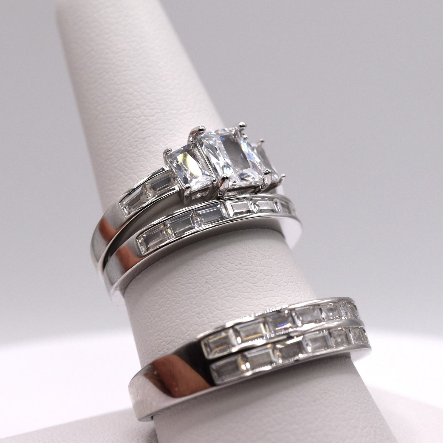 3 Piece 925 Sterling Silver Wedding Ring Set (Emeral Cut)