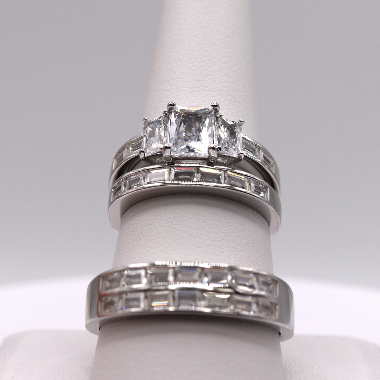 3 Piece 925 Sterling Silver Wedding Ring Set (Emeral Cut)
