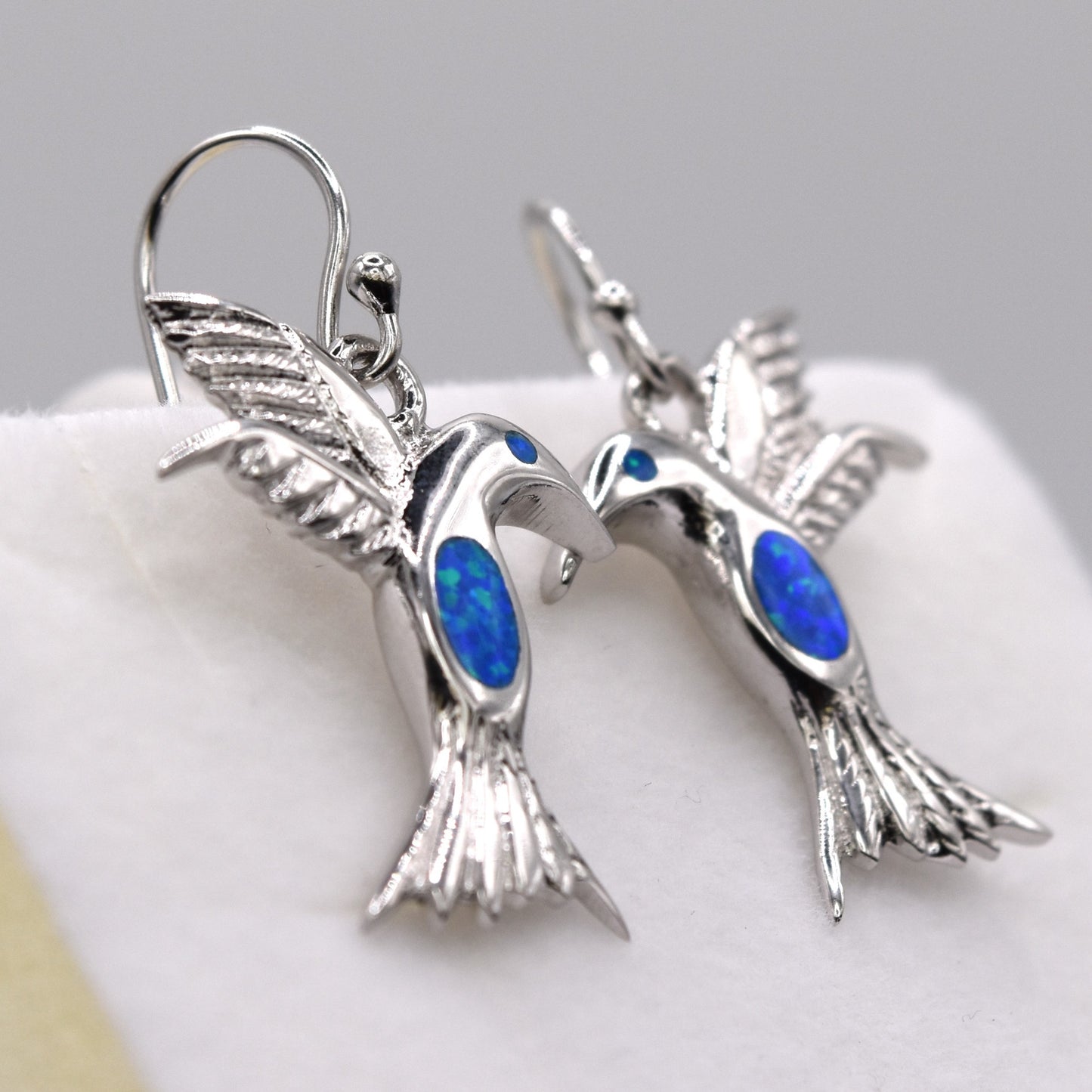 Blue Opal Hummingbird Drop Earrings – 925 Sterling Silver