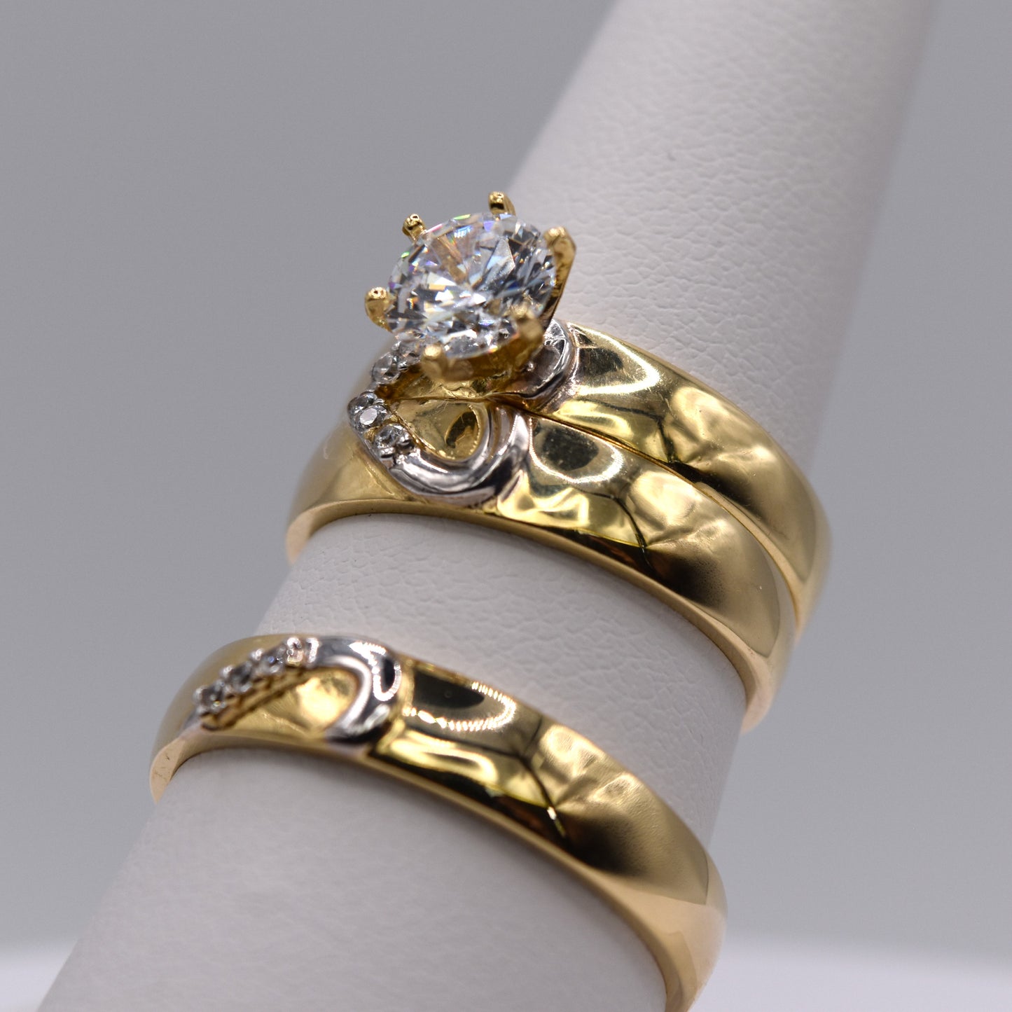 3PC His & Hers 14K Gold CZ Wedding Ring Set Solitaire Engagement & Bands