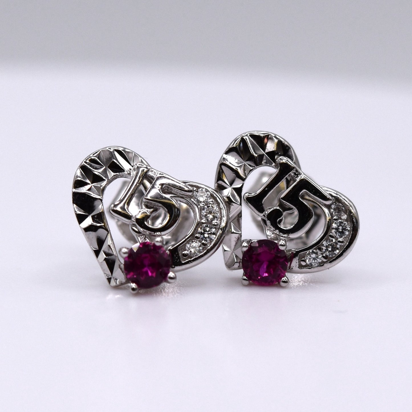 Quinceañera Jewelry Set: Heart-Shaped 925 Sterling Silver with '15' & Pink CZ – The Perfect Gift!