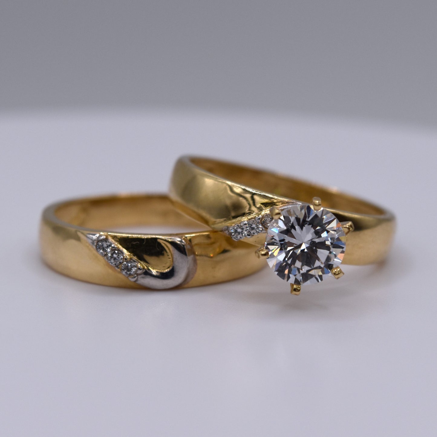 3PC His & Hers 14K Gold CZ Wedding Ring Set Solitaire Engagement & Bands