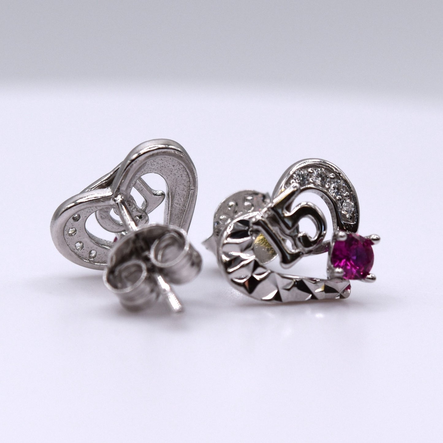 Quinceañera Jewelry Set: Heart-Shaped 925 Sterling Silver with '15' & Pink CZ – The Perfect Gift!