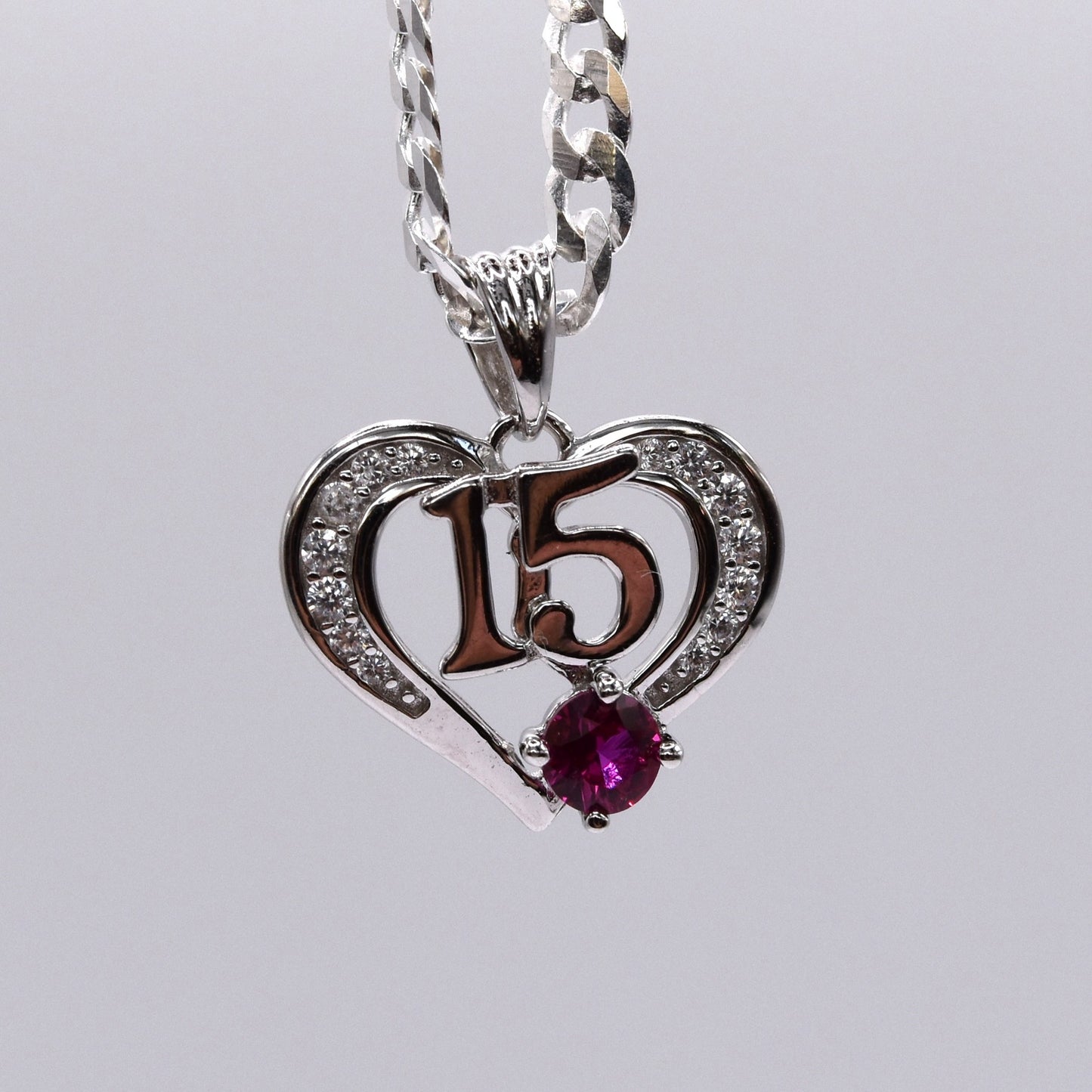 Quinceañera Jewelry Set: Heart-Shaped 925 Sterling Silver with '15' & Pink CZ – The Perfect Gift!
