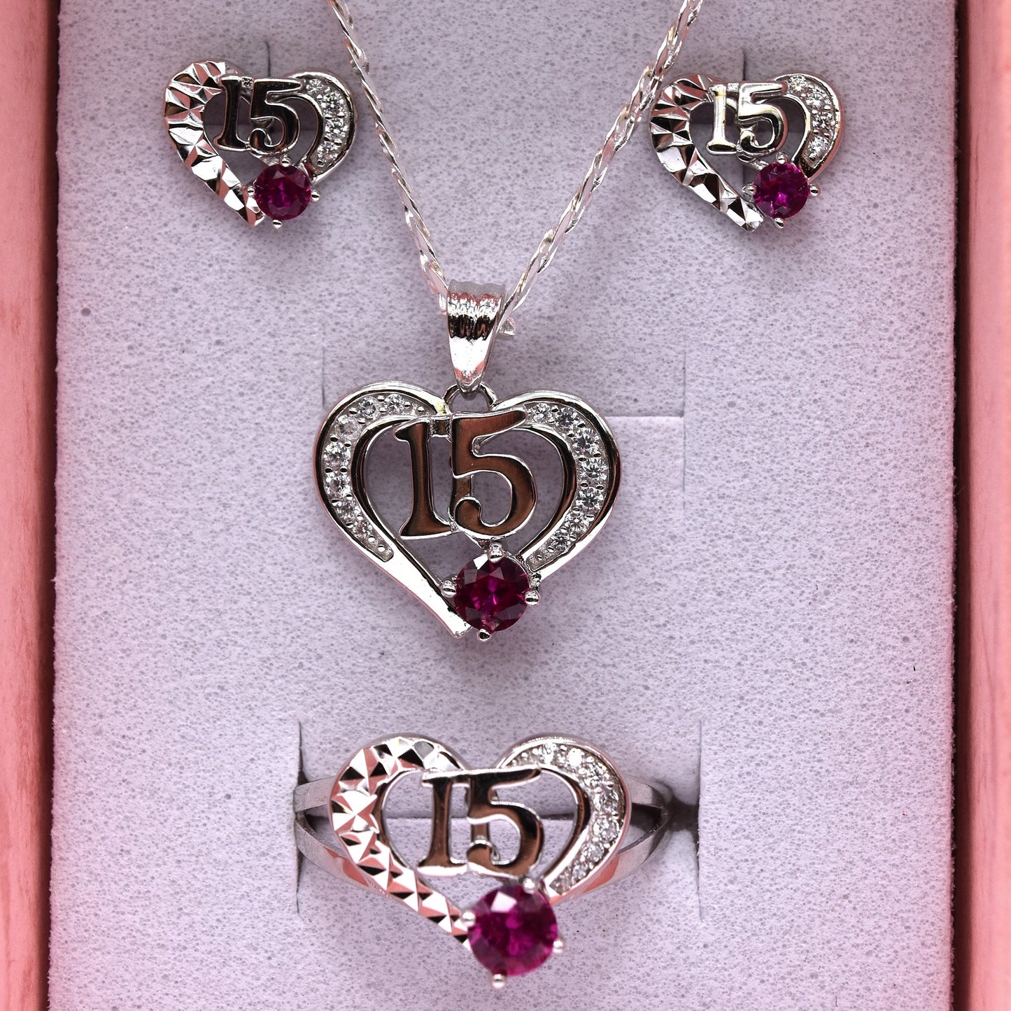 Quinceañera Jewelry Set: Heart-Shaped 925 Sterling Silver with '15' & Pink CZ – The Perfect Gift!