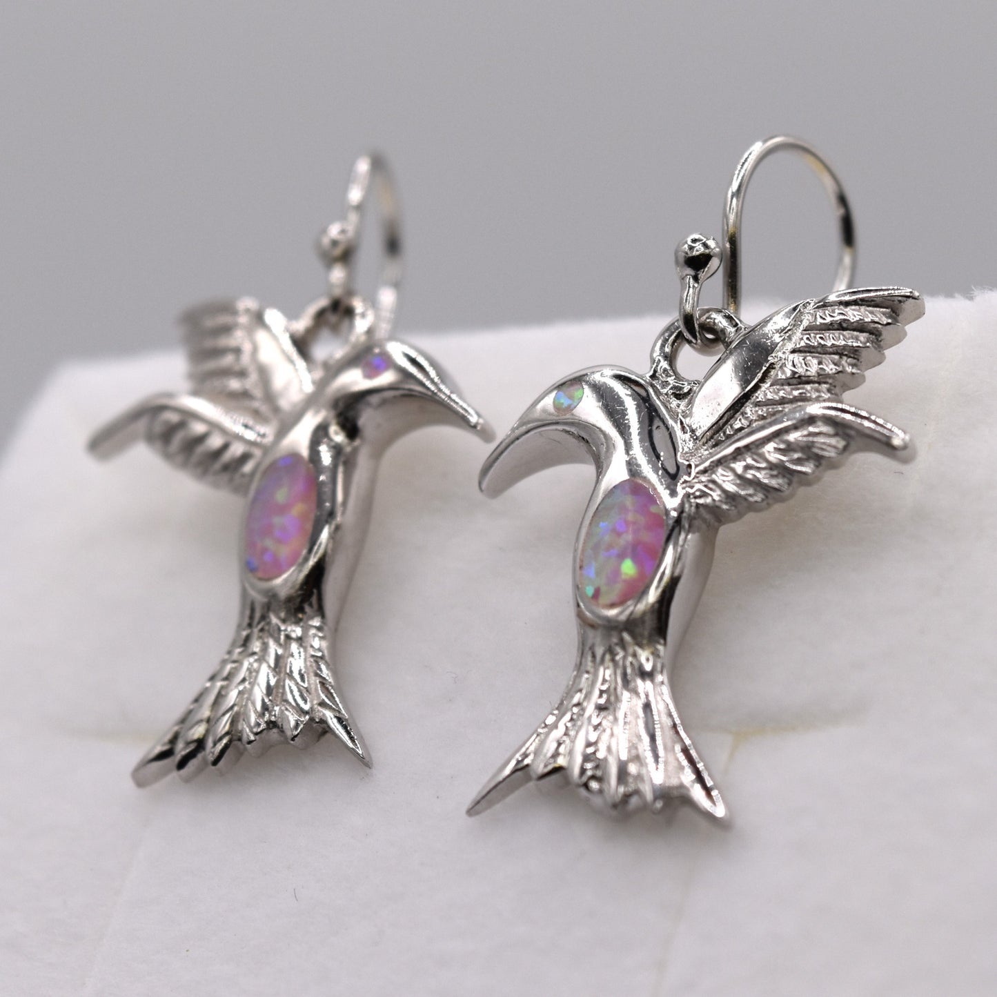 Pink Opal Hummingbird Drop Earrings – 925 Sterling Silver