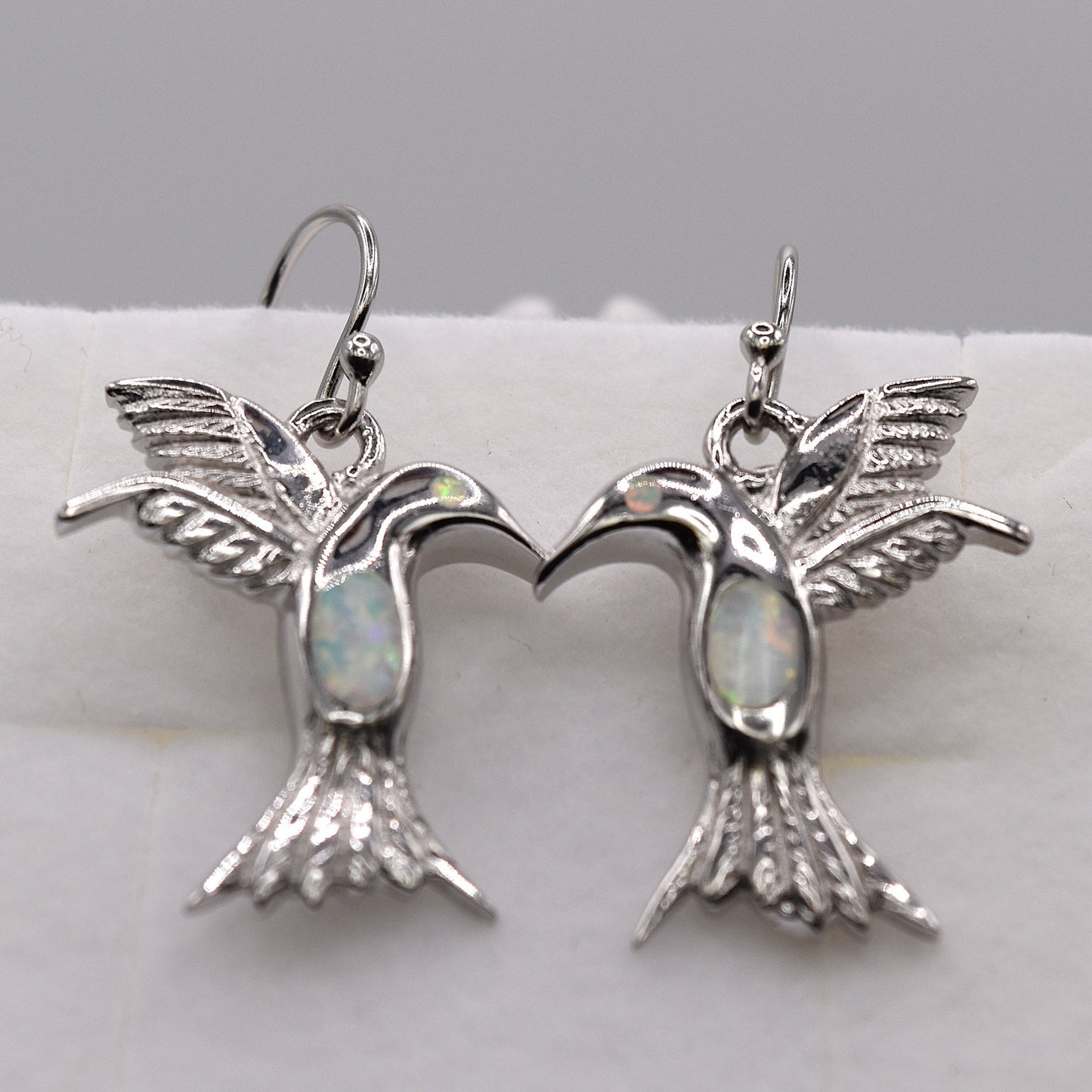 White Opal Hummingbird Drop Earrings – 925 Sterling Silver