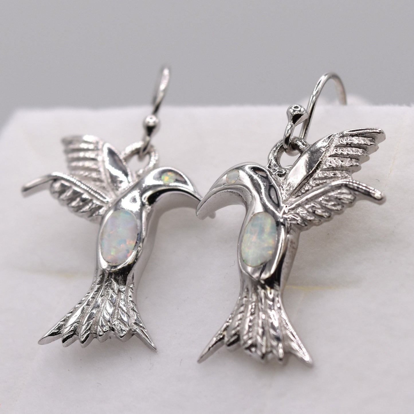 White Opal Hummingbird Drop Earrings – 925 Sterling Silver