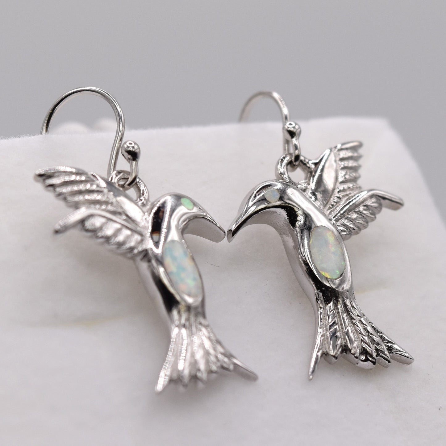 White Opal Hummingbird Drop Earrings – 925 Sterling Silver