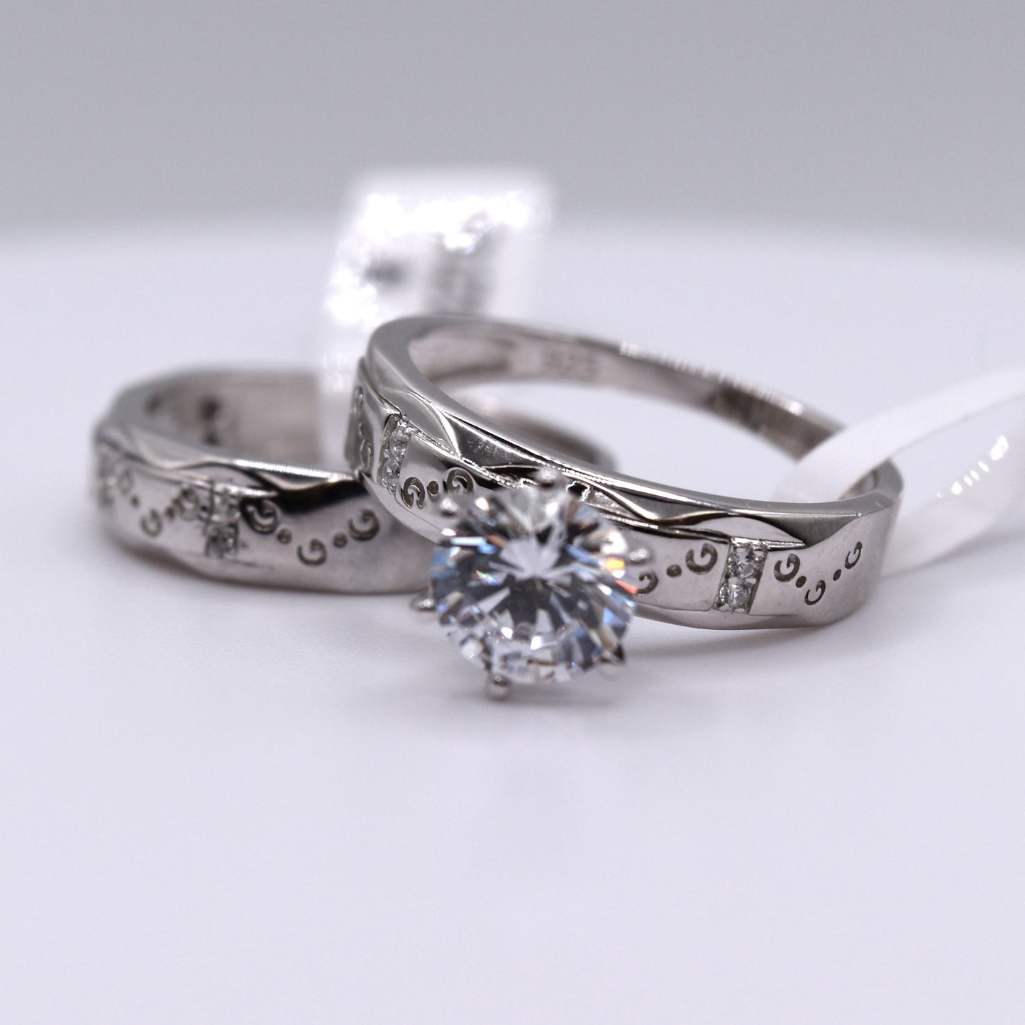Simple 3 Piece 925 Sterling Silver Wedding Ring Set