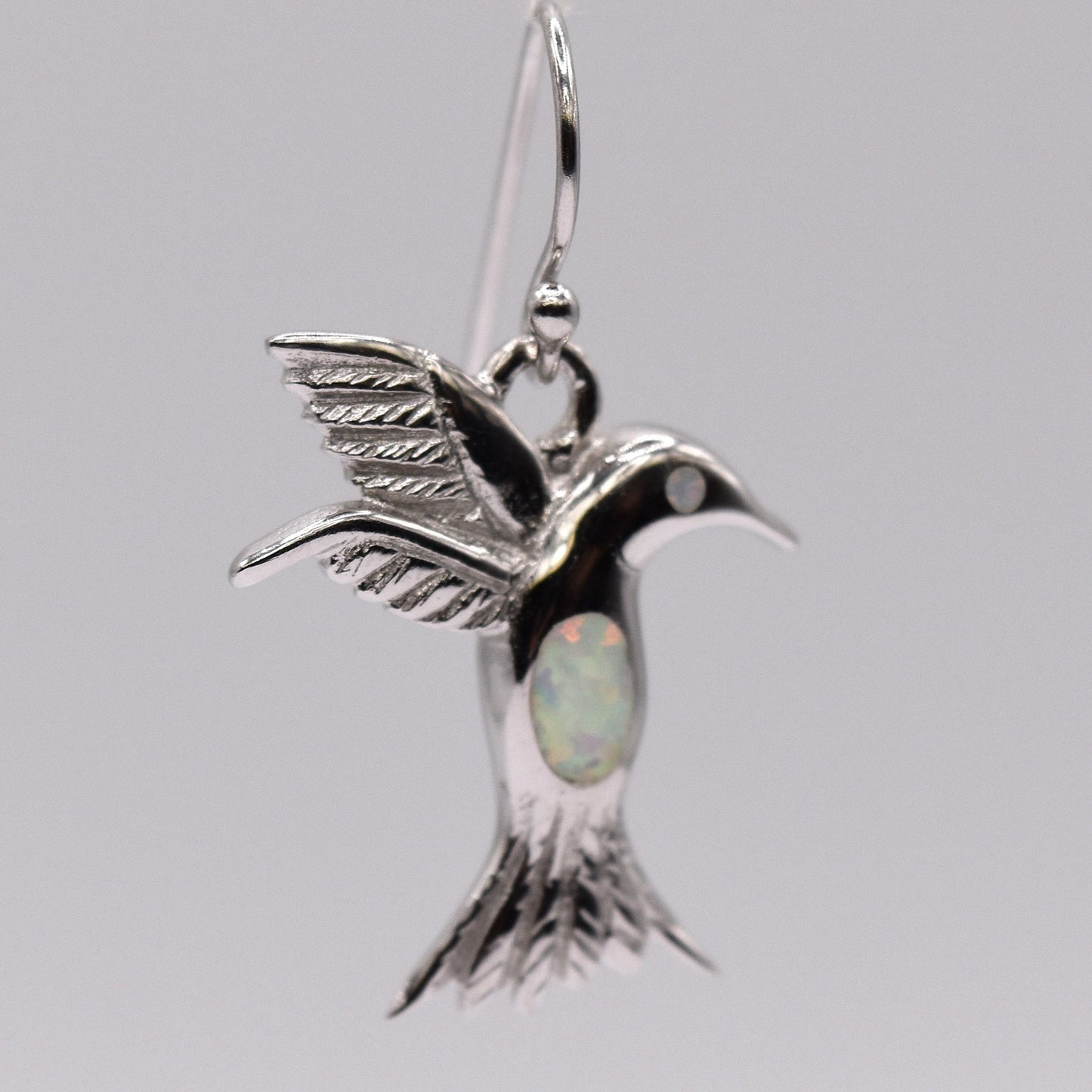 White Opal Hummingbird Drop Earrings – 925 Sterling Silver