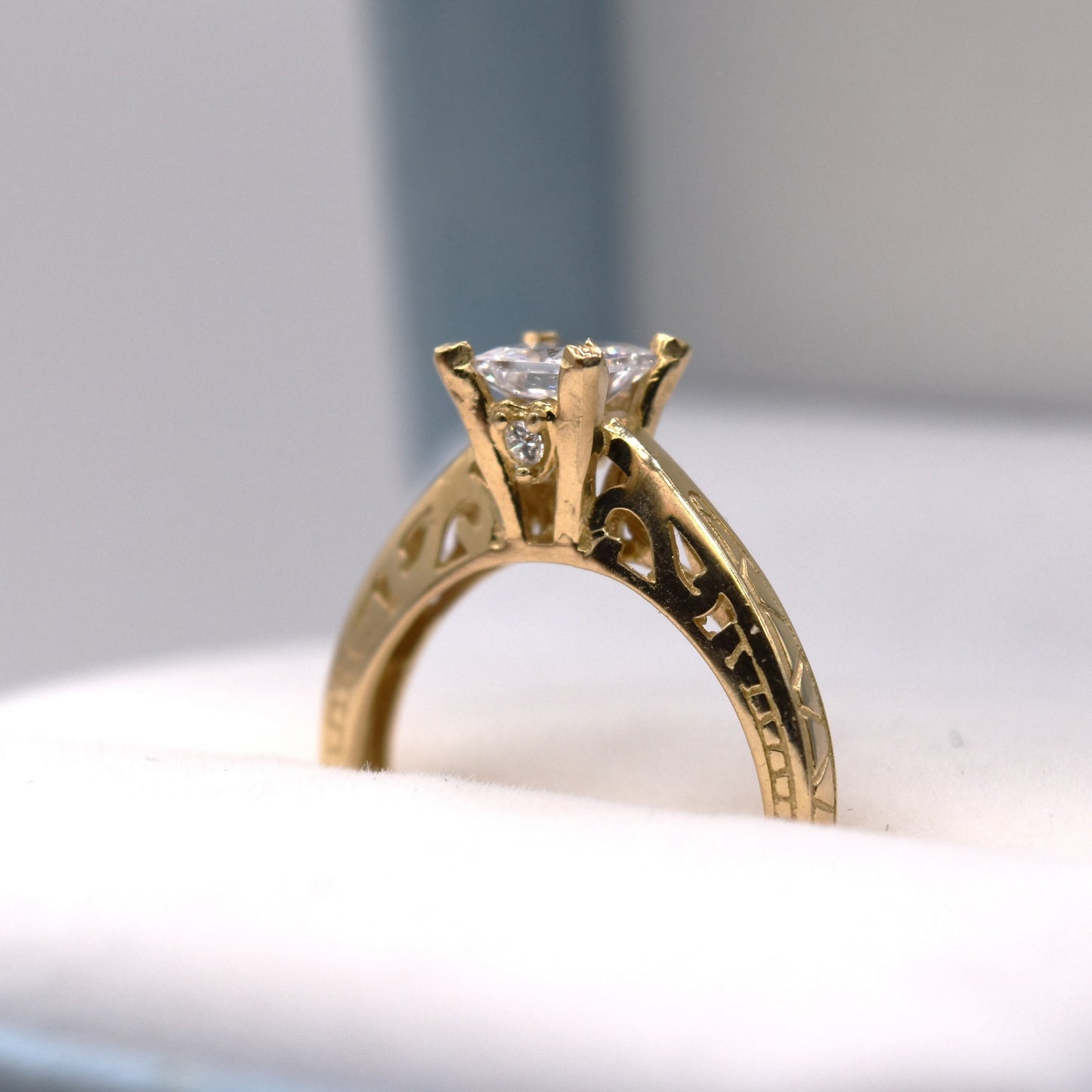 Princess Cut Solitaire Engagement Ring - Vintage Detail Gold Ring