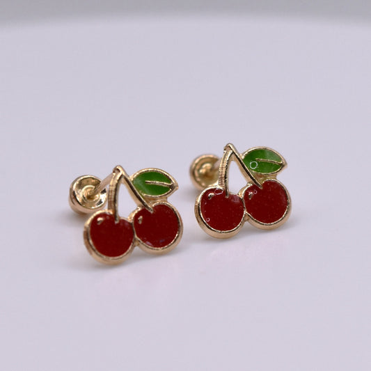 14k Gold Enamel Nap Friendly Cherry Backless Earrings