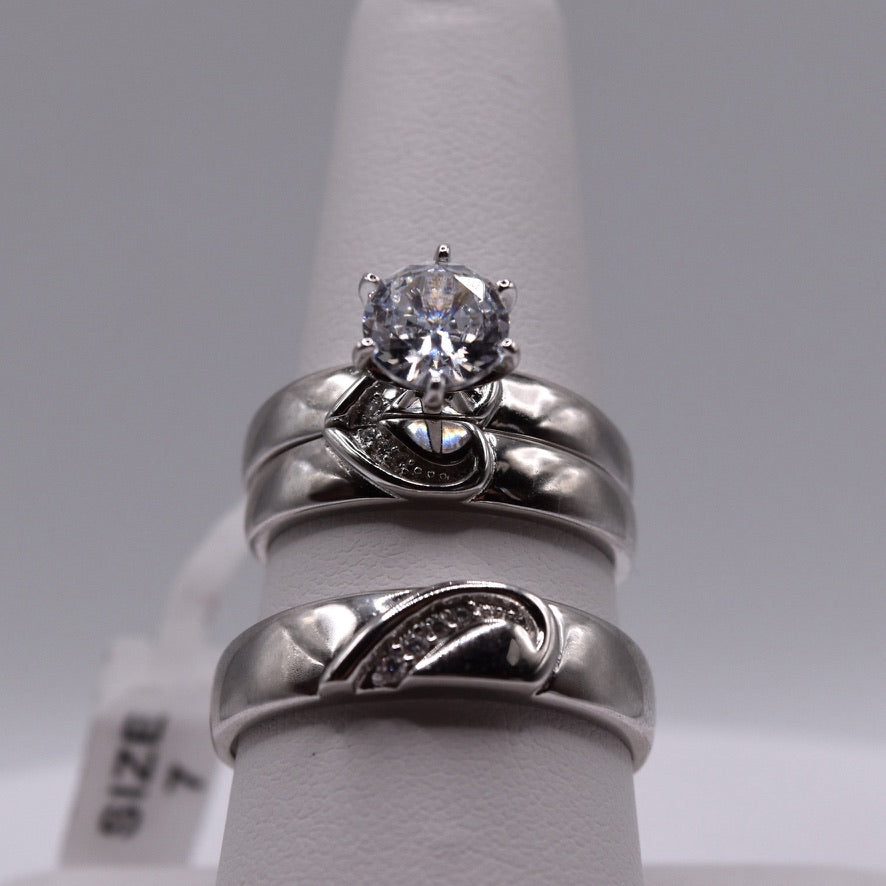 3 Piece 925 Sterling Silver Wedding Ring Set (Heart Shape)