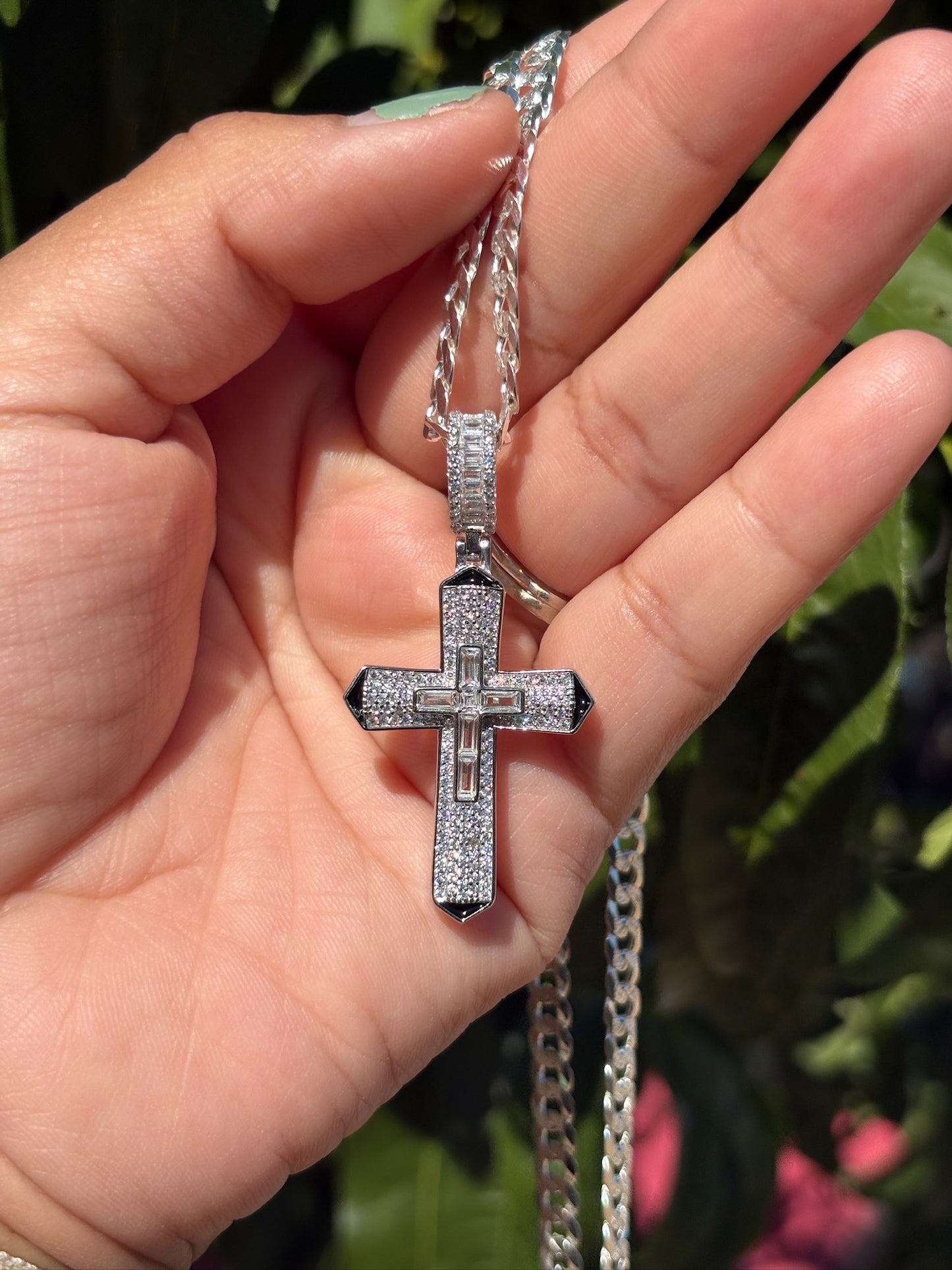 Men's Premium 925 Sterling Silver Diamond Cut Cuban Cross Necklace - 24" Chain with Dazzling CZ Pendant!