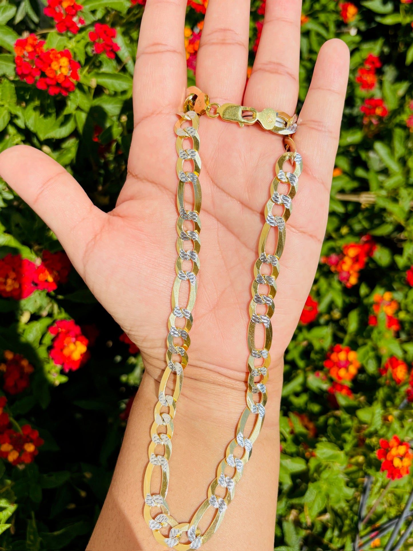 Men's Luxe 14K Gold Overlay Italian Sterling Silver Diamond Cut Figaro Chain - 9mm