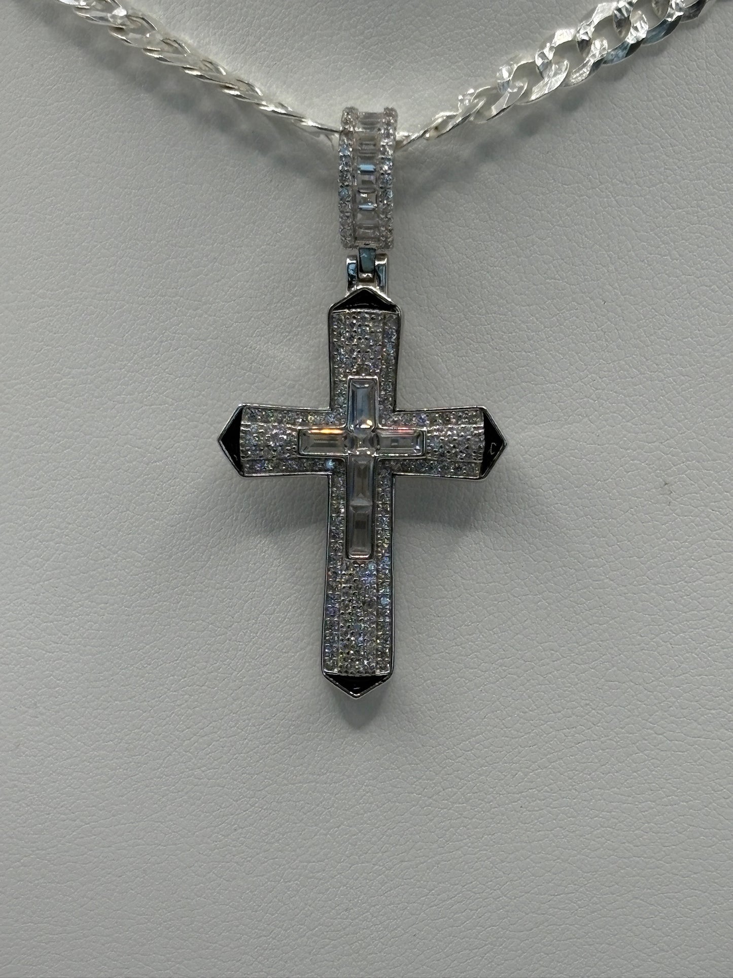 Men's Premium 925 Sterling Silver Diamond Cut Cuban Cross Necklace - 24" Chain with Dazzling CZ Pendant!