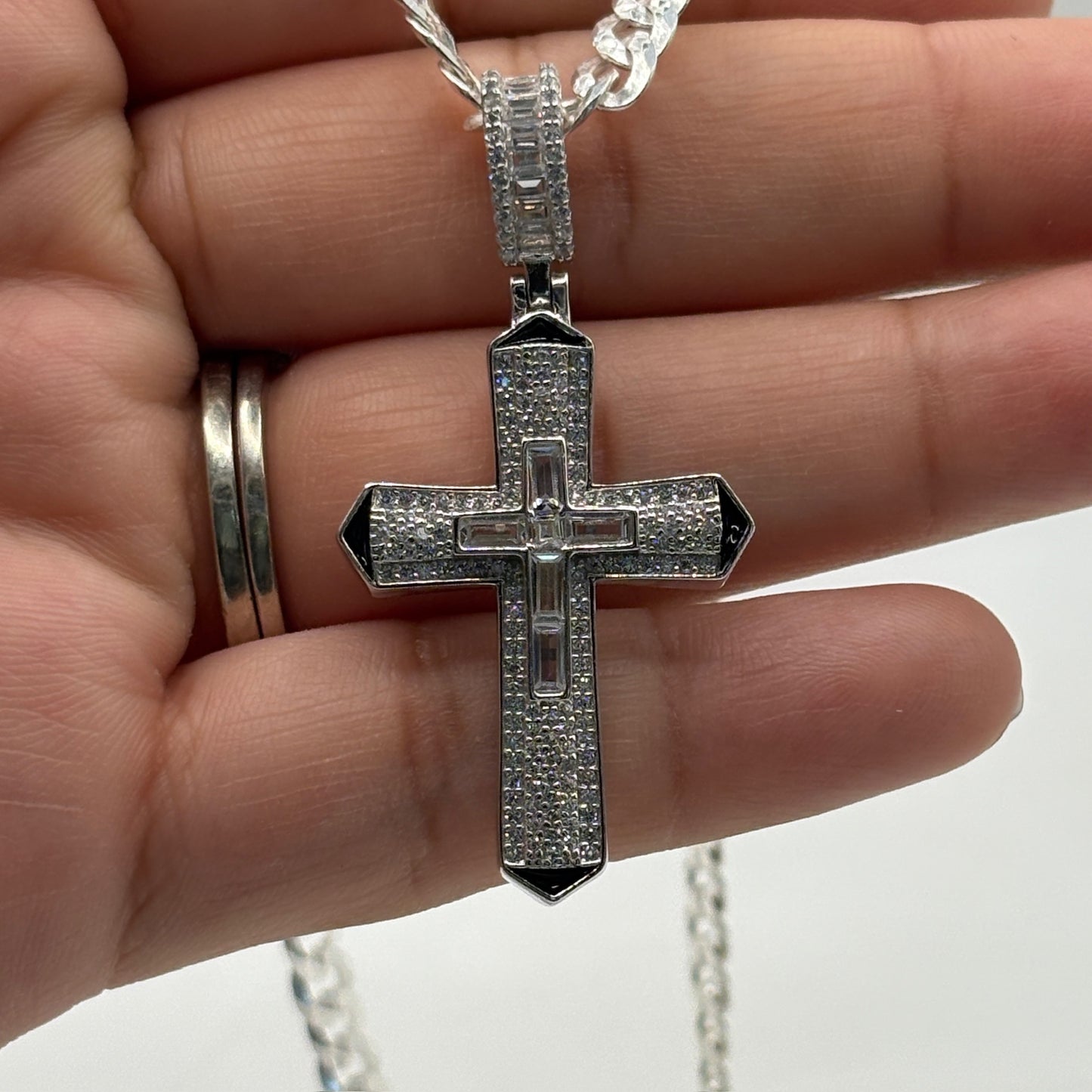 Men's Premium 925 Sterling Silver Diamond Cut Cuban Cross Necklace - 24" Chain with Dazzling CZ Pendant!