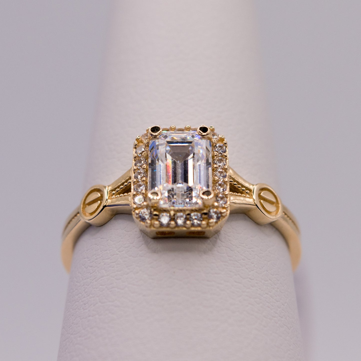 14K Yellow Gold Emerald Cut CZ Halo Ring Vintage Style Engagement Promise
