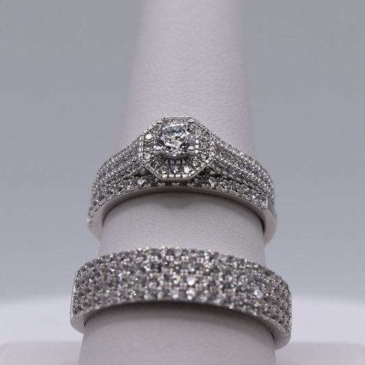 3 Piece 925 Sterling Silver Wedding Ring Set with Halo