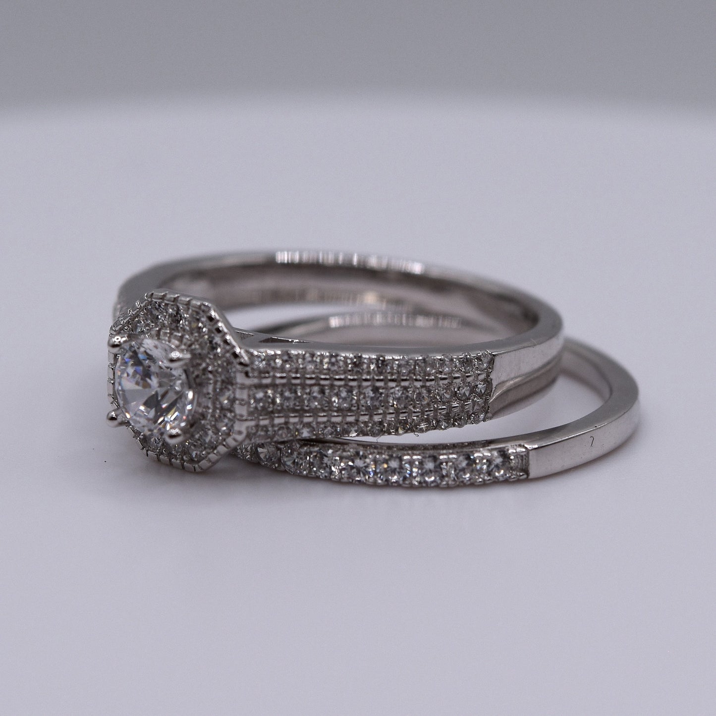 3 Piece 925 Sterling Silver Wedding Ring Set with Halo