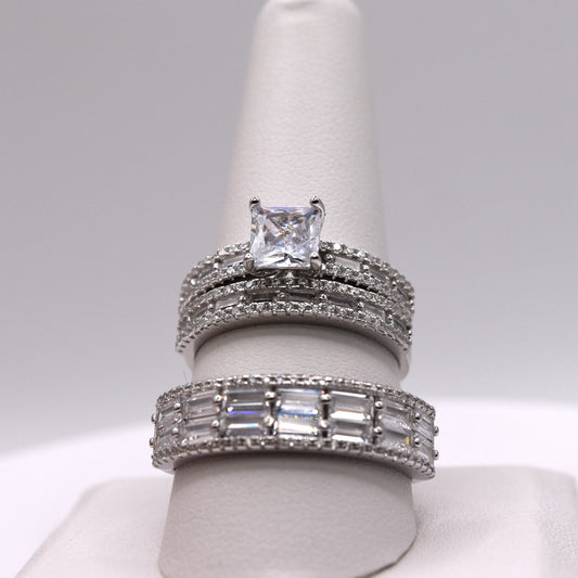 3 Piece 925 Sterling Silver Wedding Ring Set (Princess Cut)
