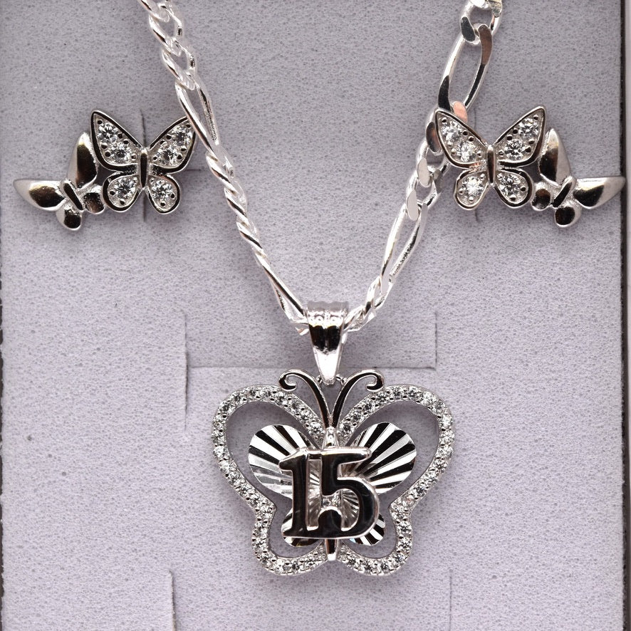 Quinceañera Jewelry Set: Butterfly-Shaped 925 Sterling Silver with '15' & Colorless CZ – The Perfect Gift!