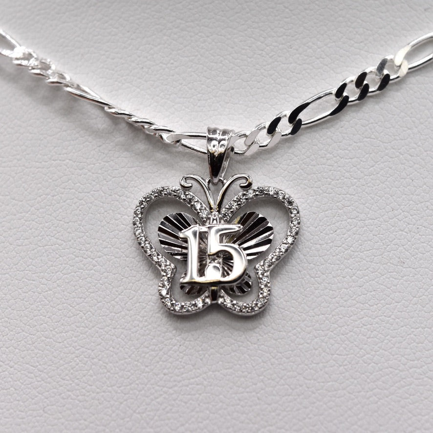 Quinceañera Jewelry Set: Butterfly-Shaped 925 Sterling Silver with '15' & Colorless CZ – The Perfect Gift!