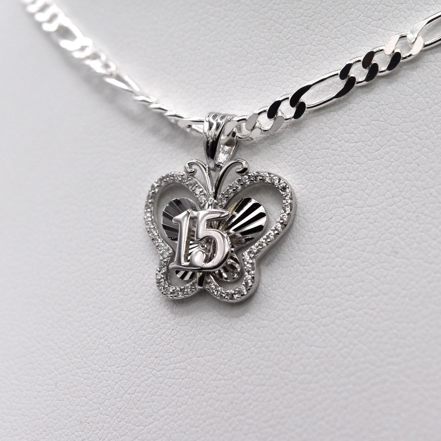 Quinceañera Jewelry Set: Butterfly-Shaped 925 Sterling Silver with '15' & Colorless CZ – The Perfect Gift!