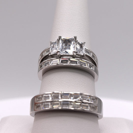3 Piece 925 Sterling Silver Wedding Ring Set (Emeral Cut)