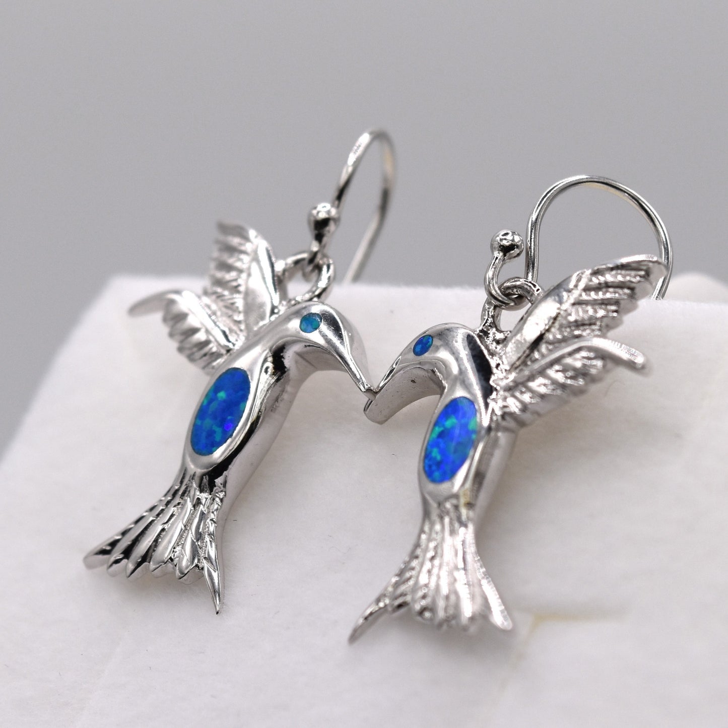 Blue Opal Hummingbird Drop Earrings – 925 Sterling Silver
