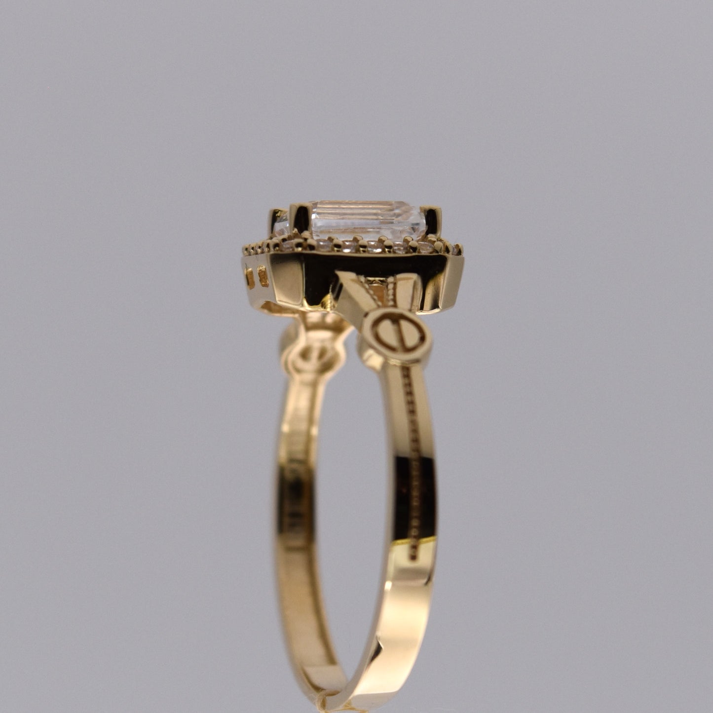 14K Yellow Gold Emerald Cut CZ Halo Ring Vintage Style Engagement Promise