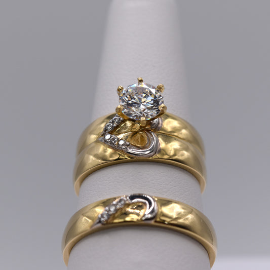 3PC His & Hers 14K Gold CZ Wedding Ring Set Solitaire Engagement & Bands