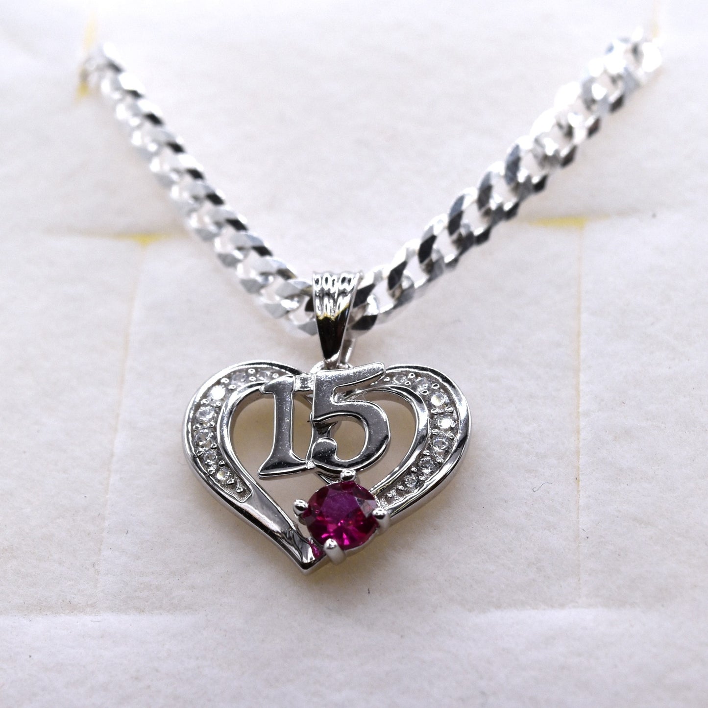 Quinceañera Jewelry Set: Heart-Shaped 925 Sterling Silver with '15' & Pink CZ – The Perfect Gift!