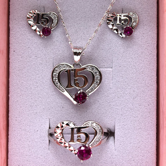 Quinceañera Jewelry Set: Heart-Shaped 925 Sterling Silver with '15' & Pink CZ – The Perfect Gift!