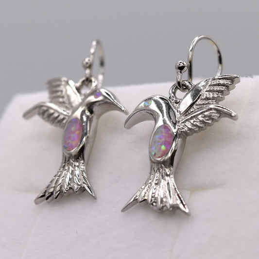 Pink Opal Hummingbird Drop Earrings – 925 Sterling Silver
