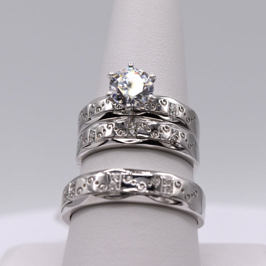 Simple 3 Piece 925 Sterling Silver Wedding Ring Set