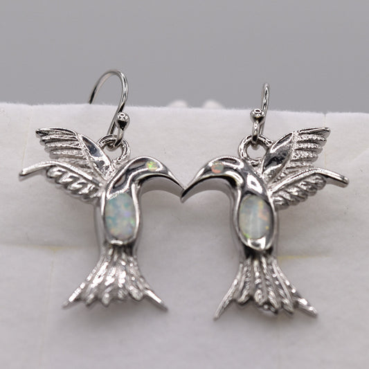 White Opal Hummingbird Drop Earrings – 925 Sterling Silver