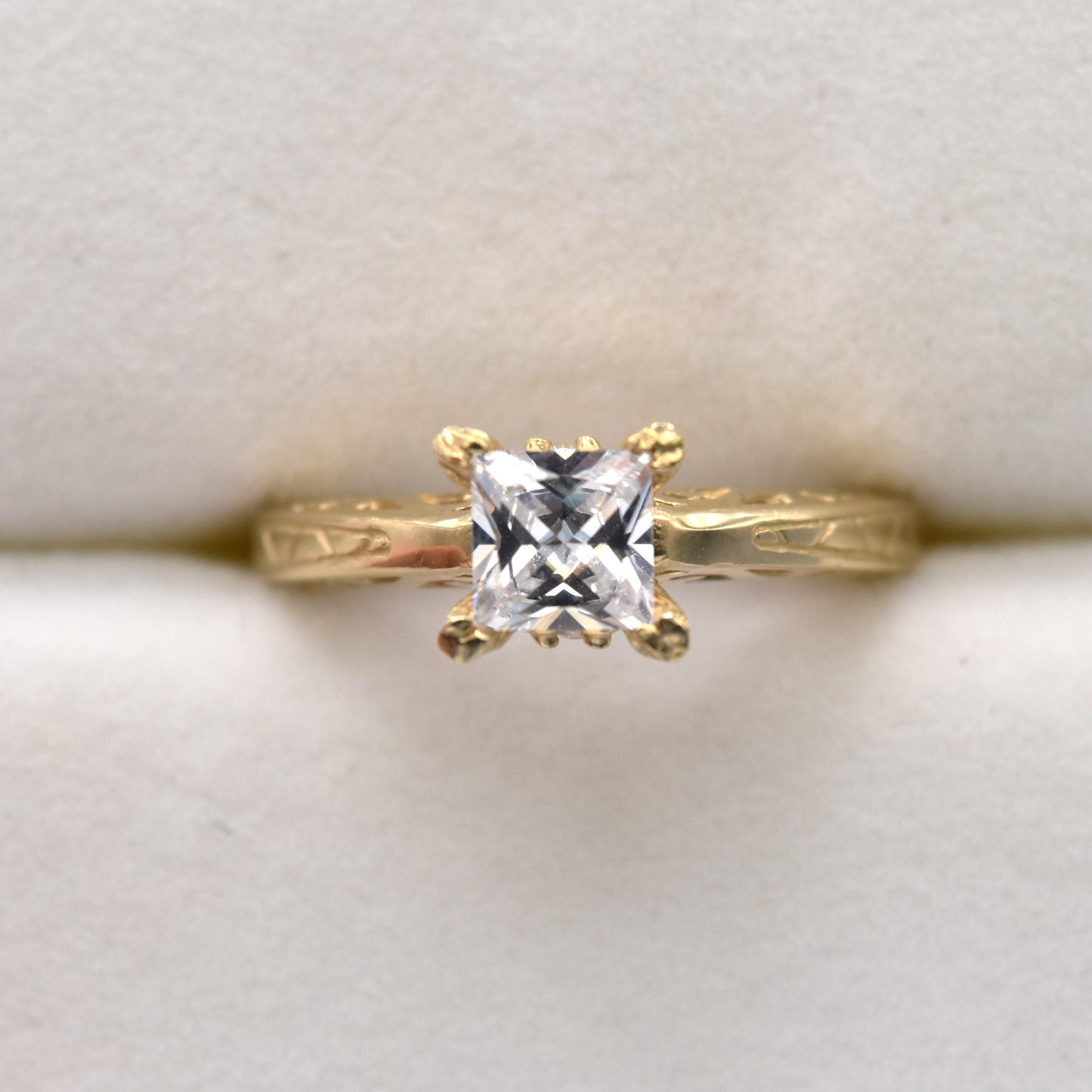 Princess Cut Solitaire Engagement Ring - Vintage Detail Gold Ring