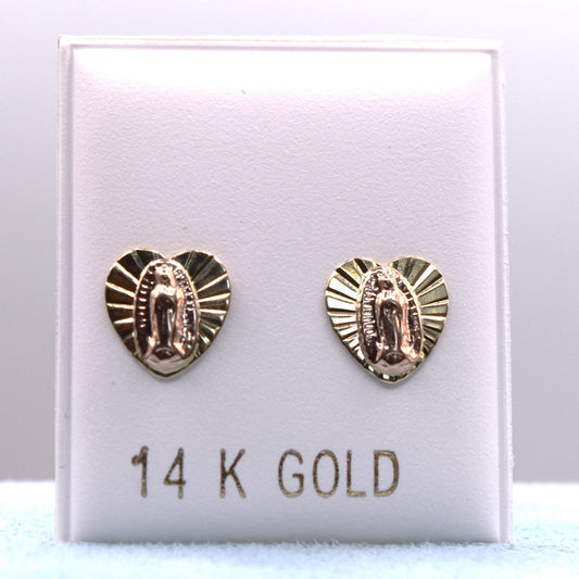 14k Gold Heart Virgen de Guadalupe backless Earrings